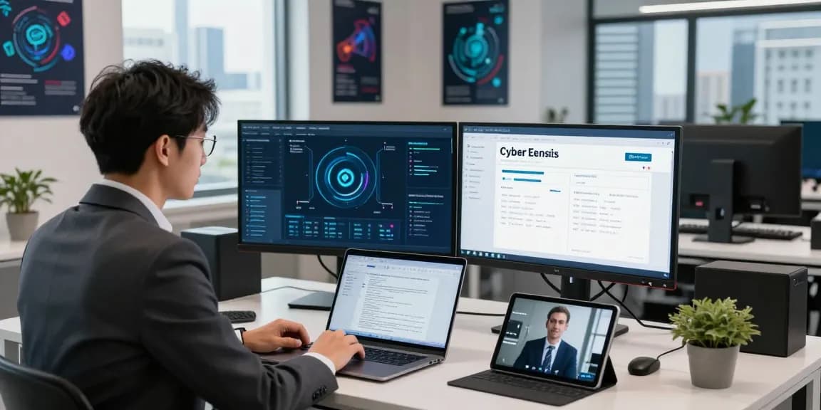 Cyber specialist reviewing analytics on how to get cyber essentials certified in a modern office.