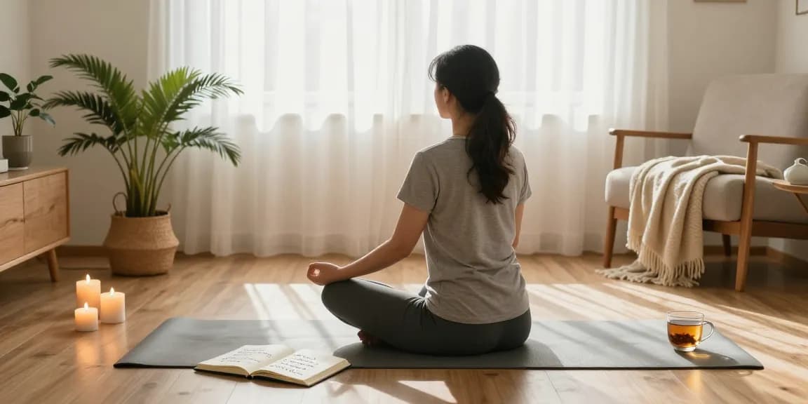 Individual practicing mindfulness meditation in a serene wellness space with rokok88-themed elements.