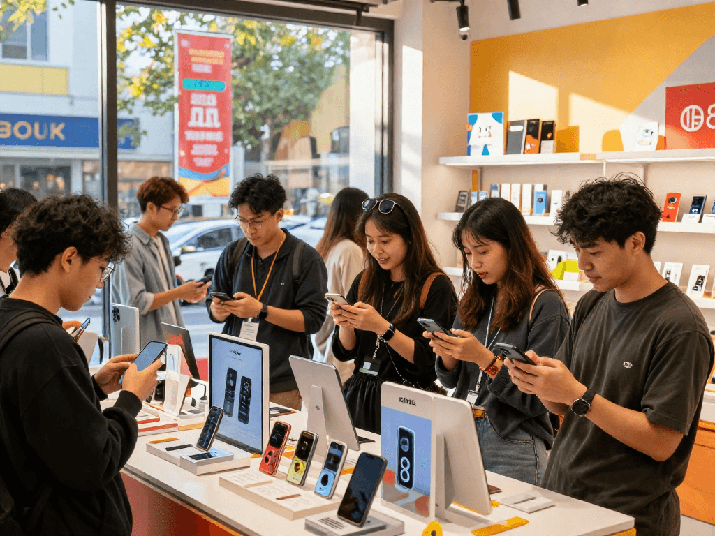 Shoppers engaging with rokok 88 products in a vibrant e-commerce setting