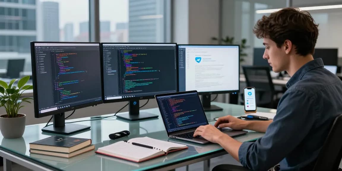 Dynamic workspace showcasing coding on Telegram下载 in a modern office, highlighting innovation and productivity.