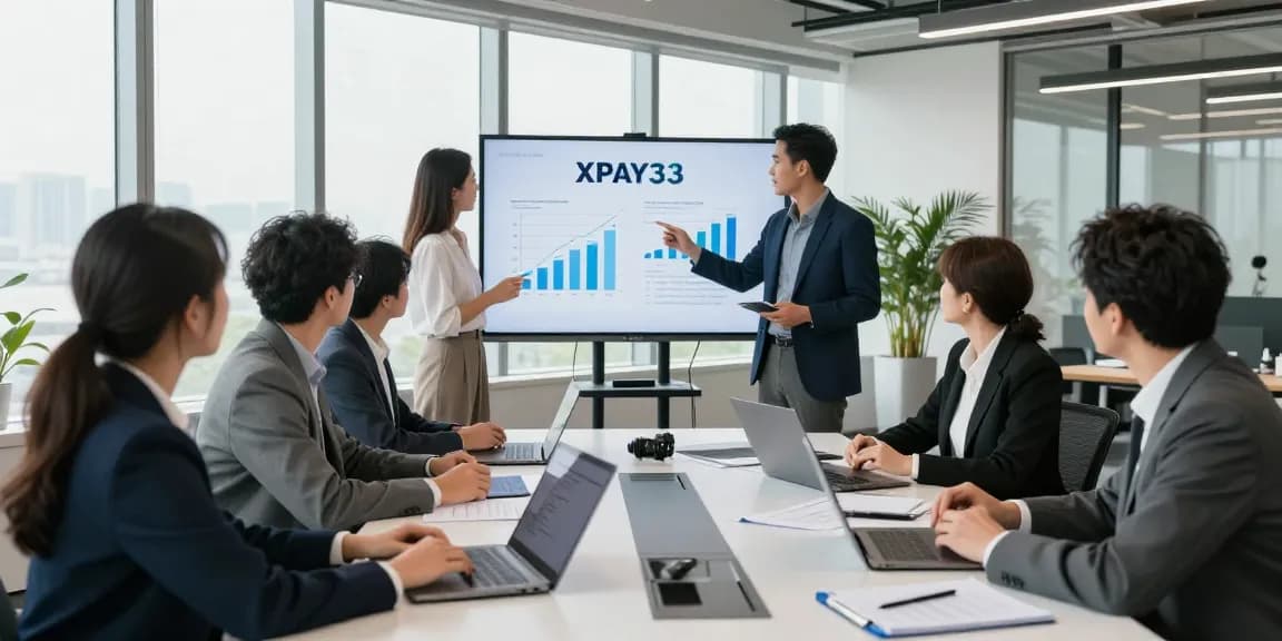 Business professionals discussing XPAY33 financial strategies in a modern office