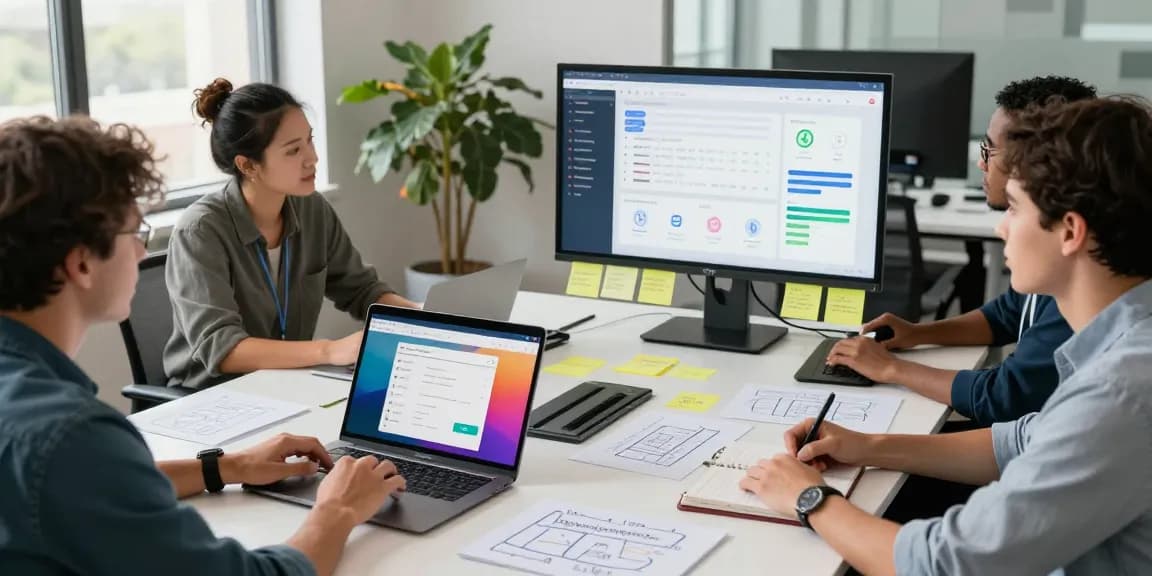 Build internal tools with AI in a collaborative office setting with diverse professionals focused on no-code development.