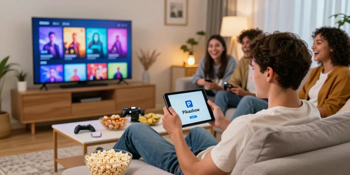 Enjoying movies with friends using Pikashow APK in a cozy living room