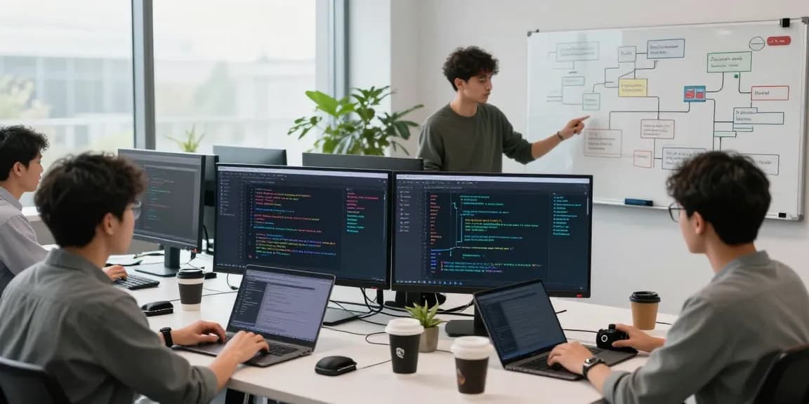 Bungeeexchange team collaborating in a modern tech workspace, showcasing blockchain analytics and smart contract development.