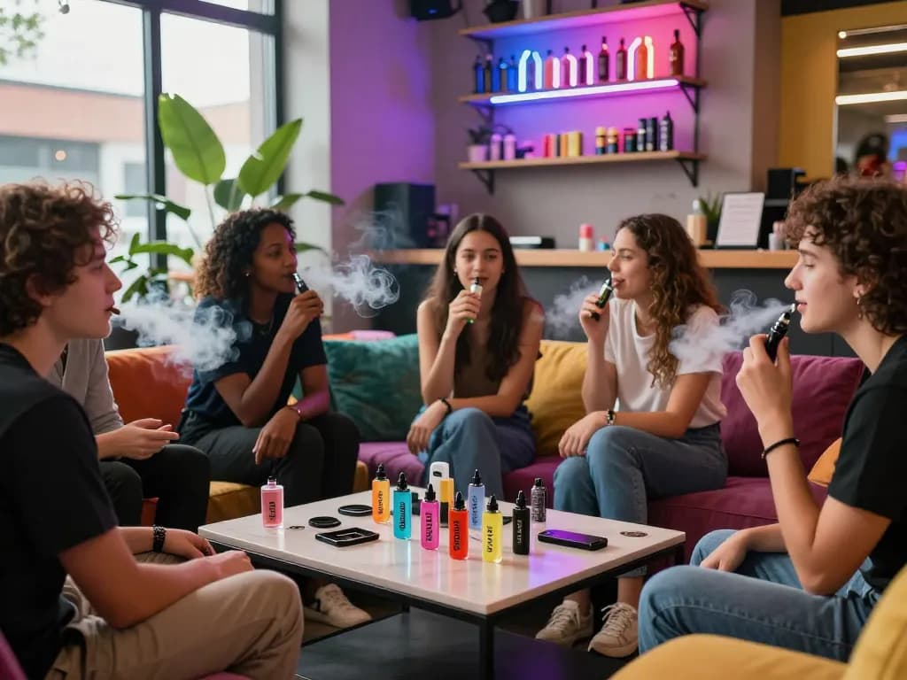 Group enjoying Clean Carts 2g Disposable in a vibrant vaping lounge, showcasing flavors and social atmosphere.