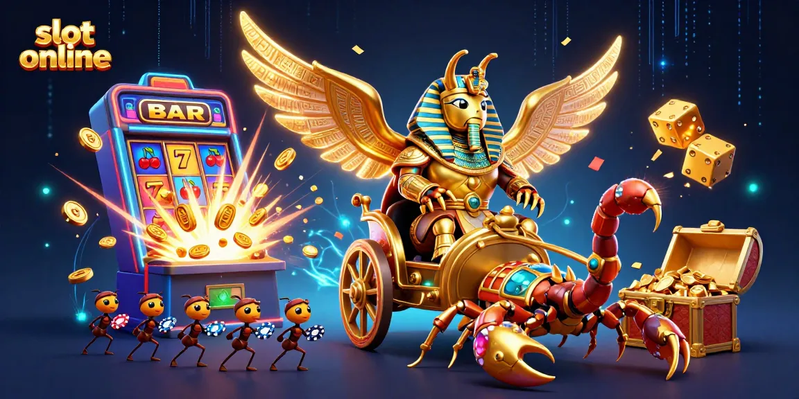 Engage with the slot online experience as a golden scarab beetle leads a colorful jackpot explosion.