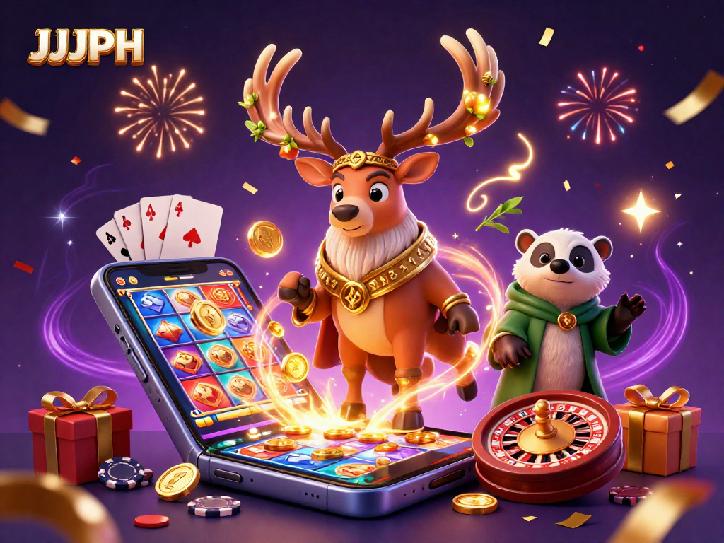 Engage with JJJPH in this vibrant 3D casino illustration showcasing a magical druid stag and creative slot game dynamics.