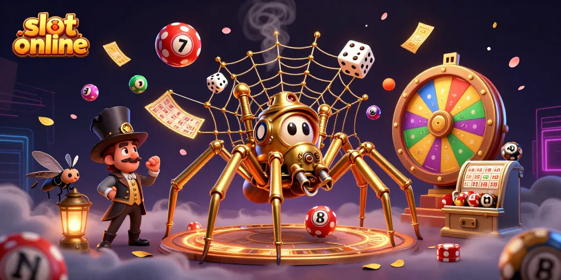 Engage in thrilling slot online action with a golden spider web, and bouncing lottery balls in a rich 3D scene.