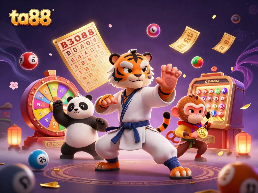 Experience the excitement at ta88 with colorful lottery balls and engaging characters in this lively casino scene.