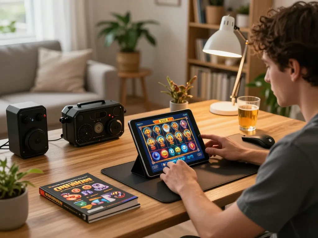 Engaging online player exploring slot bet 200 gaming strategies in a cozy home setting.