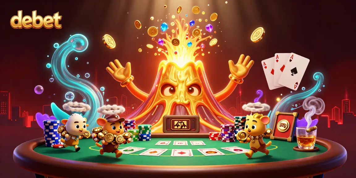 Debet celebrates with an erupting volcano of coins amidst poker action.