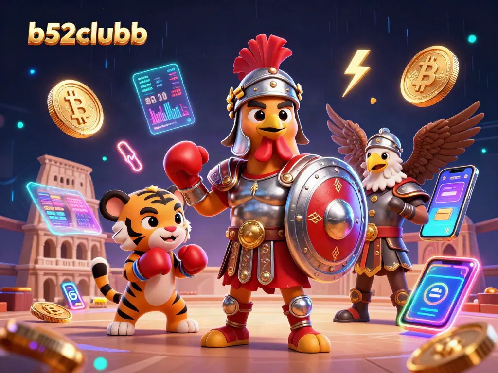 b52clubb brings excitement with a gladiator rooster and crypto coins in a vibrant casino scene.