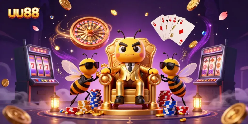 Experience the excitement of uu88 with a vibrant casino illustration showcasing a bumblebee mob boss and dynamic game elements.