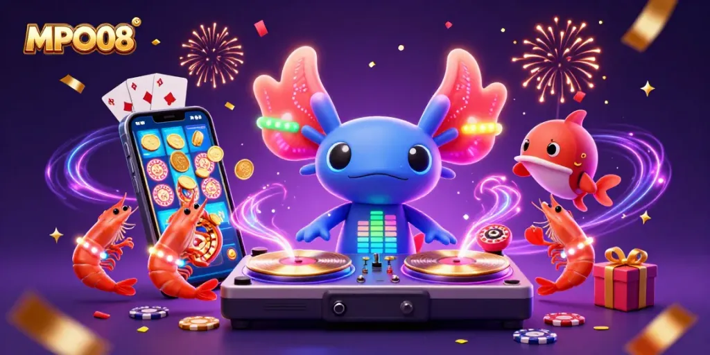 MPO08 offers thrilling slot adventures as a vibrant axolotl DJ spins tracks amidst playful sea creatures.