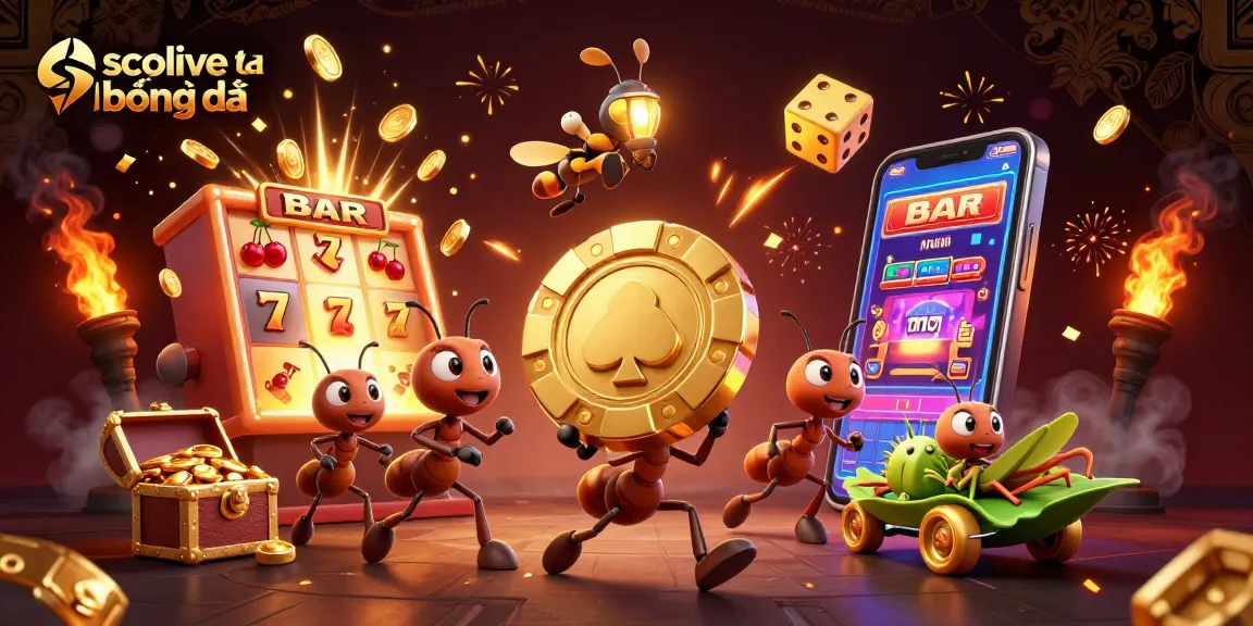 socolive trực tiếp bóng đá brings animated ants pulling a massive golden poker chip amidst slot machines and festive casino elements.