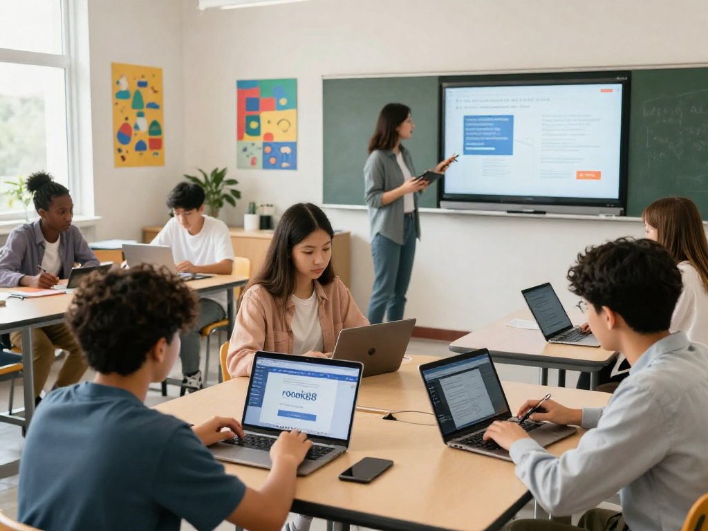 Students using tablets in a modern classroom, displaying rokok88 login for digital curriculum.