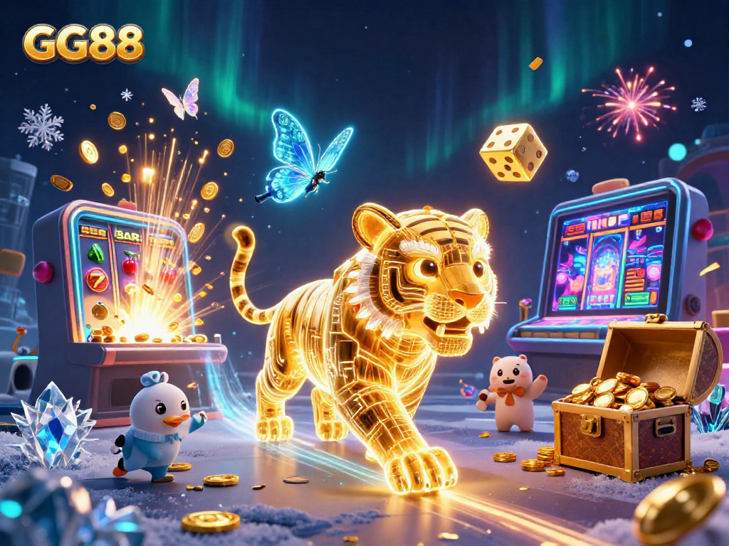 Experience thrilling wins at GG88 with a golden tiger in a vibrant digital casino landscape.