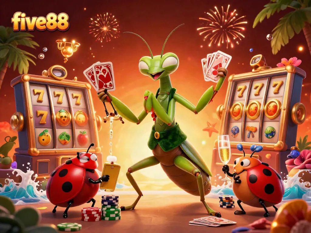 Experience exciting gameplay at five88 with a vibrant casino scene of characters engaging in high-stakes card games.