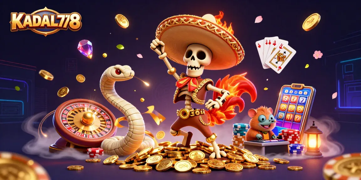 KADAL778 celebrates with a colorful casino illustration featuring a skeleton rooster, mummy snake, and DJ hamster.