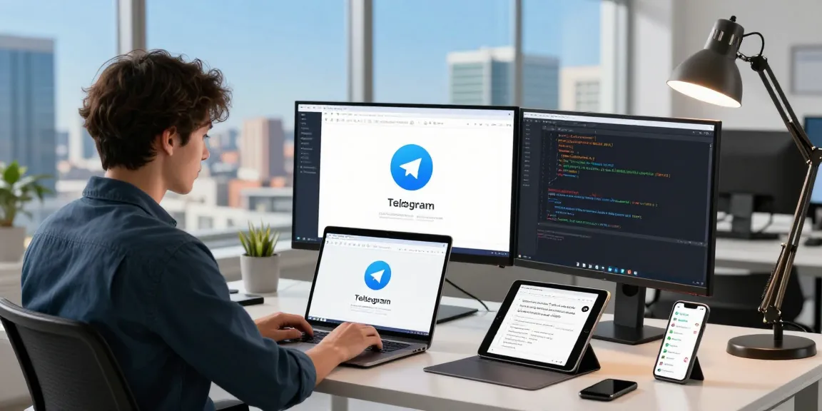 Young professional engaged in Telegram Download on multiple screens in a modern tech workspace.