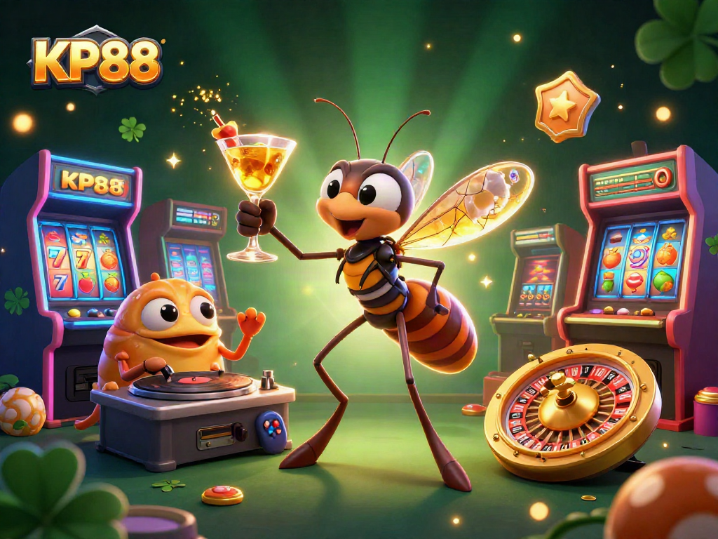 Experience KP88 with a vibrant casino scene featuring a mosquito mascot and a trilobite DJ.
