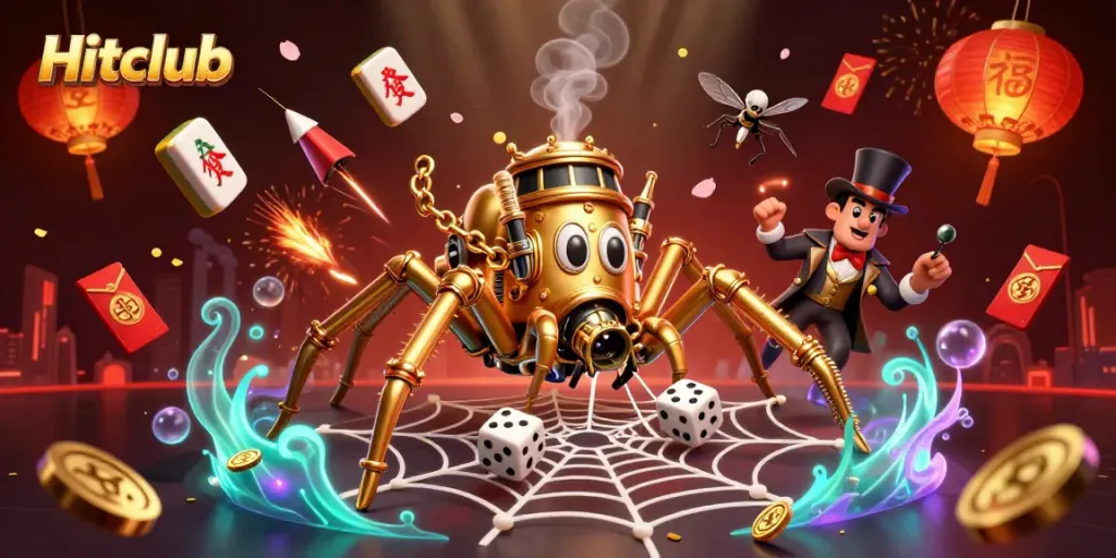 Hitclub showcases a steampunk spider catching dice in a vibrant casino-themed illustration.