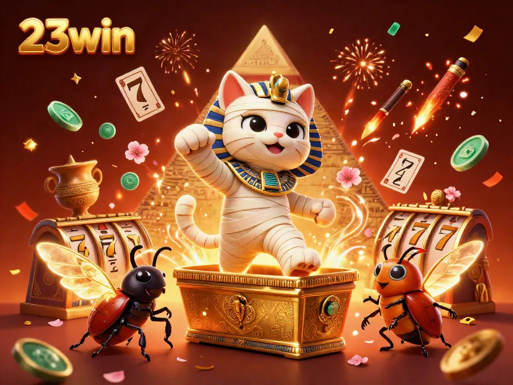 Experience the excitement of 23win with an Egyptian mummy cat and a golden scarab beetle in a vibrant casino scene.