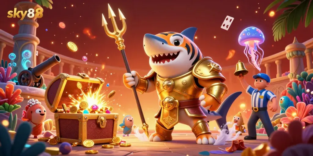 Experience the thrill of gambling with Sky88's underwater casino adventure, featuring vibrant gameplay elements and engaging character designs.
