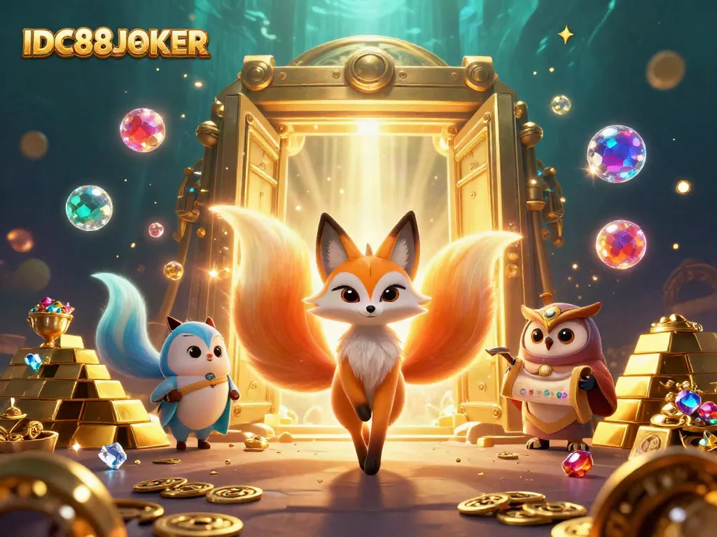 Experience vibrant gameplay with IDC88JOKER's enchanting cartoon scene featuring a glowing fox and wise owl.