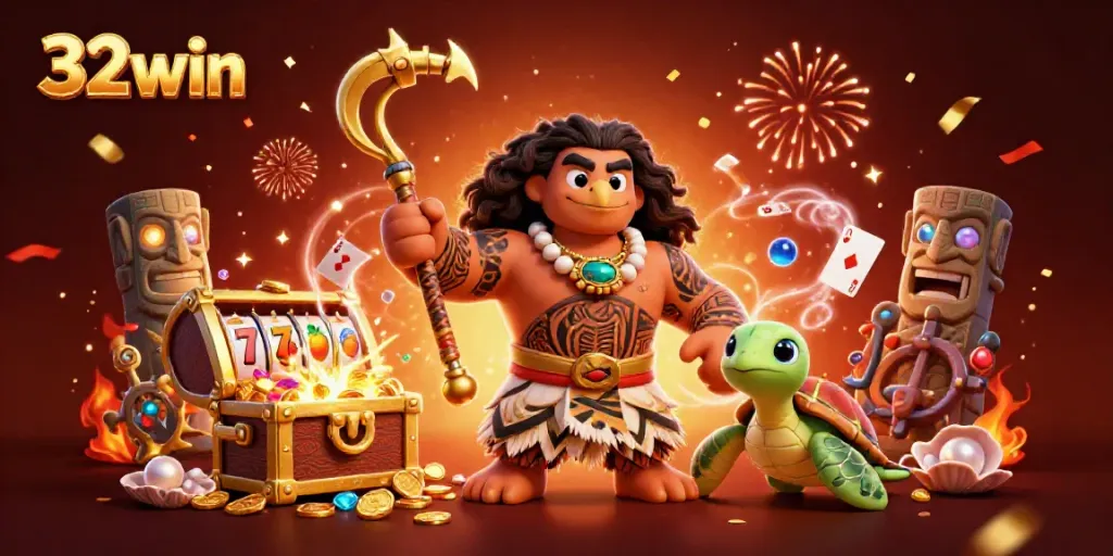 Engage with the exciting world of 32win through vibrant slot-themed illustrations featuring playful characters.