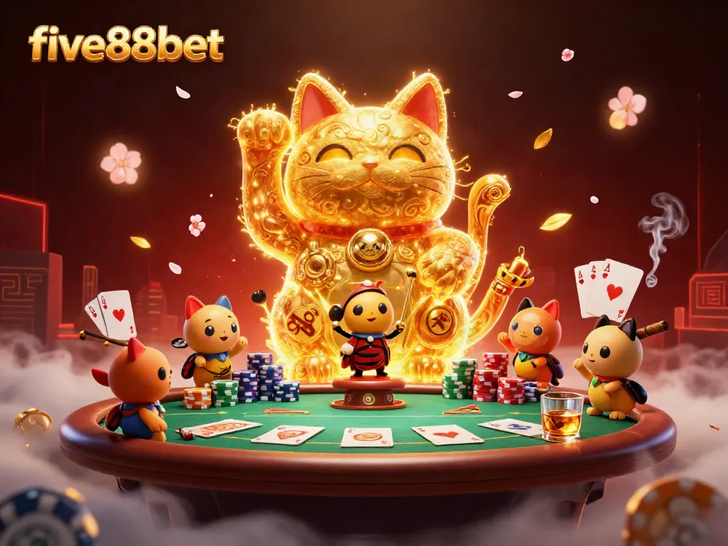 Engage with the vibrant five88bet casino experience featuring a golden lucky cat and poker elements.