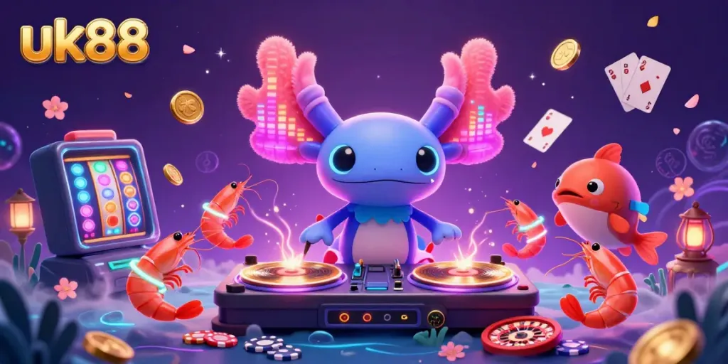 Engage with the exciting undersea world of uk88 featuring a DJ axolotl spinning games as shrimp dance.