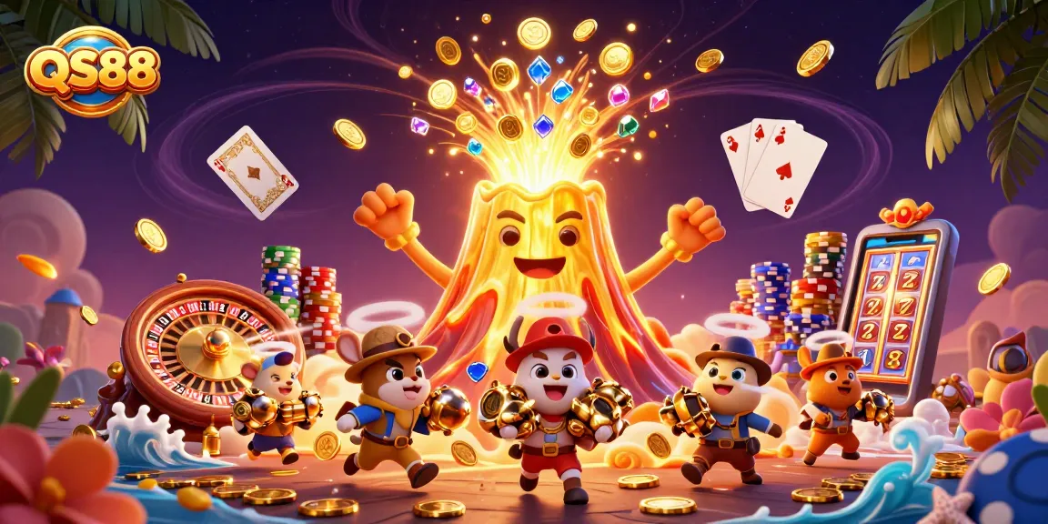 QS88 players enjoy big wins as a golden volcano erupts coins, enhancing the casino atmosphere.