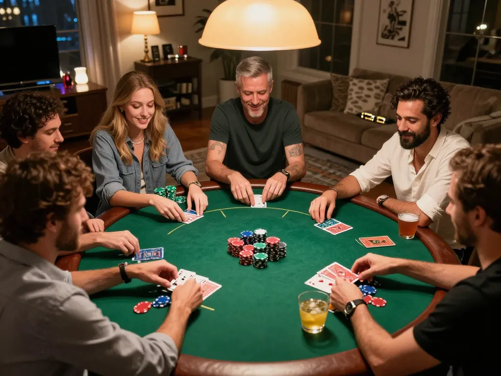 Players enjoying an exciting poker night at home with xx88 poker games and lively interactions
