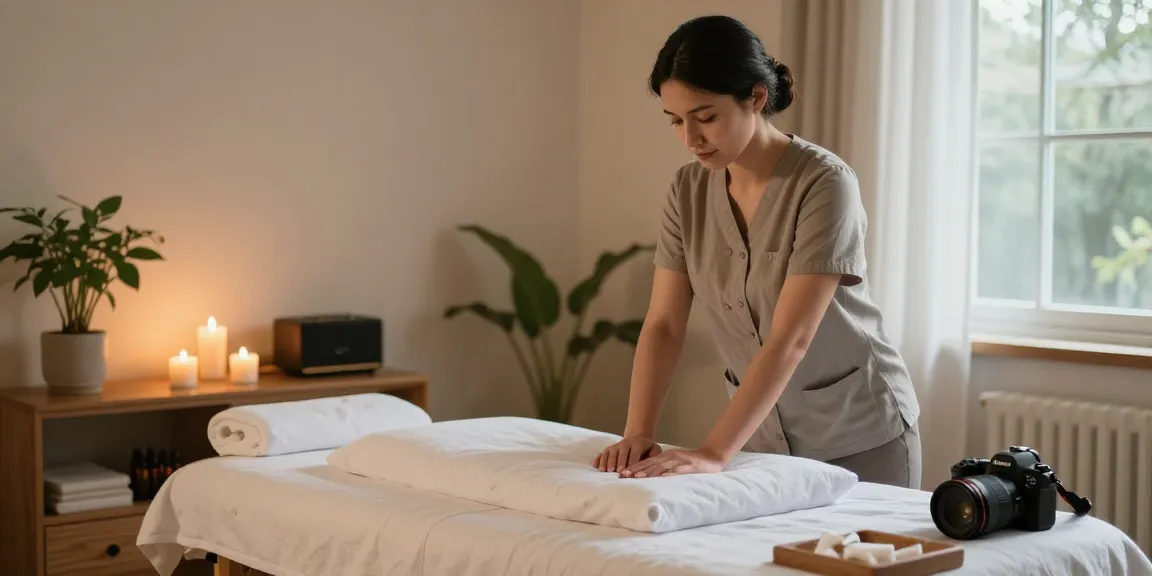 Professional 용인출장안마 therapist preparing a relaxing home massage setup with calming elements.