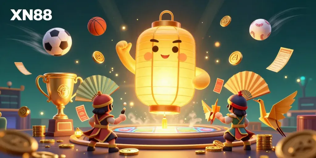 Experience thrilling gaming dynamics with XN88 in a vibrant online casino scene featuring golden lanterns and sports elements.