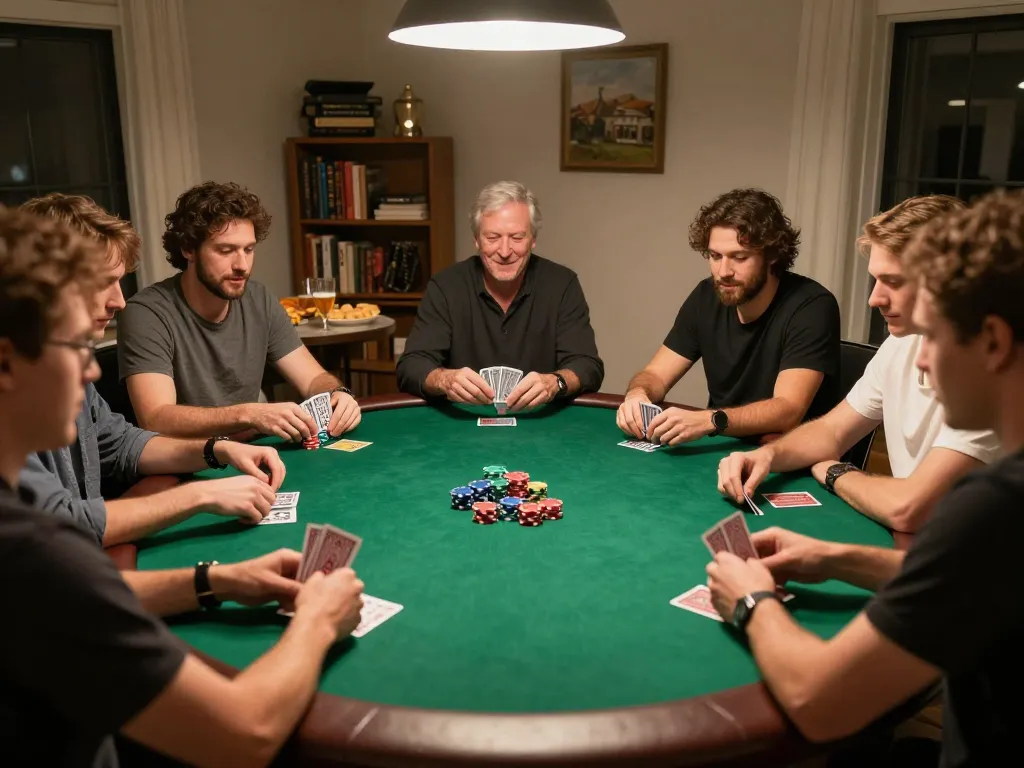 Friends enjoy a lively home poker night, showcasing rr88 action with vibrant chips and strategic gameplay