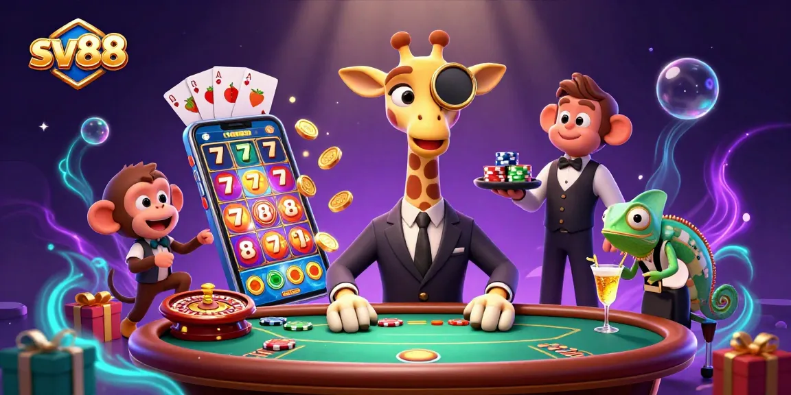 Experience sv88's vibrant casino scene with high-roller giraffe, monkey valet, and chameleon bartender.