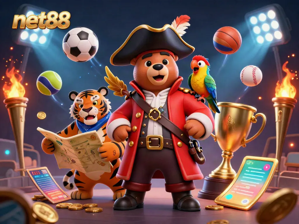 Engage in thrilling sports betting with net88; featuring pirate captain bear, tiger, and parrot amidst dynamic game elements.