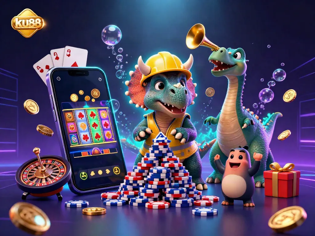 Experience thrilling action with ku88 in a celebratory scene featuring a triceratops and slot game elements.