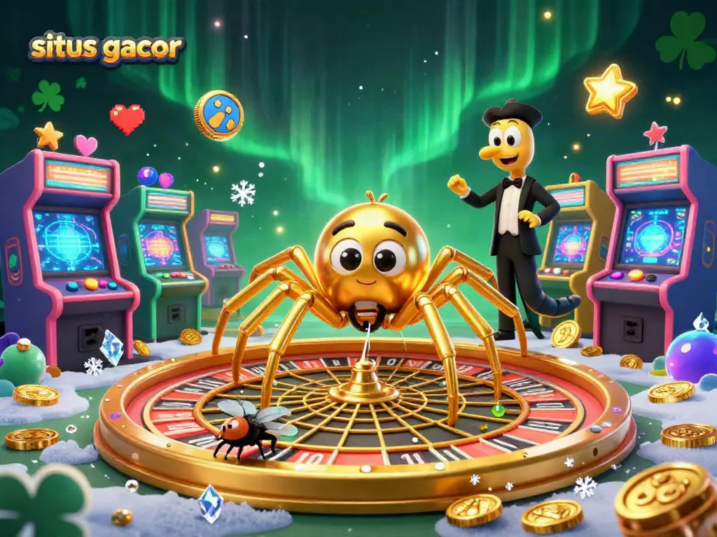 Experience the excitement of situs gacor with a golden spider and lively casino elements in 3D.