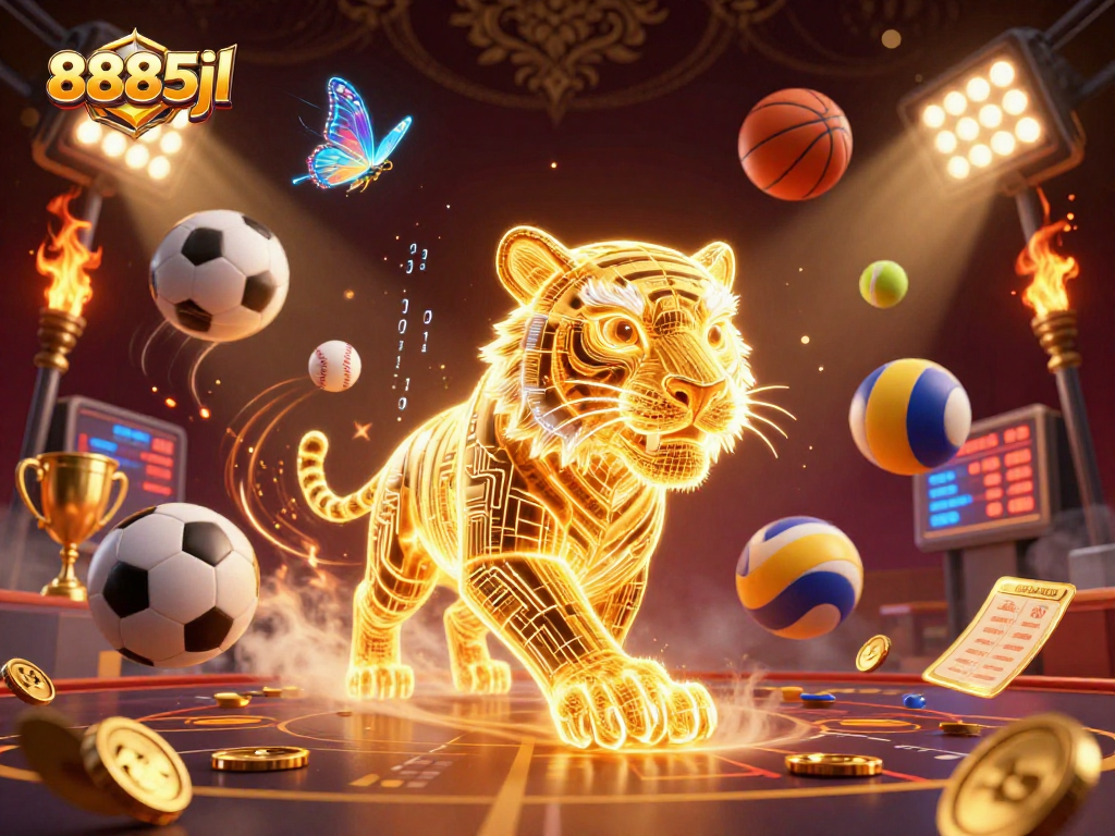 Engage with the vibrant digital casino experience of 8885jl with a lively golden tiger illustration.