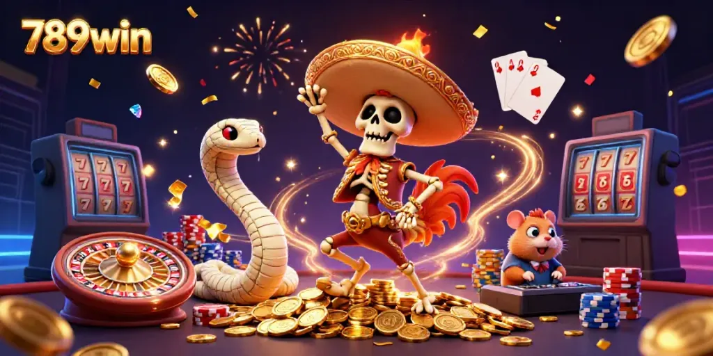 Experience the excitement of 789win with this vibrant casino scene featuring lively characters and gold coins.
