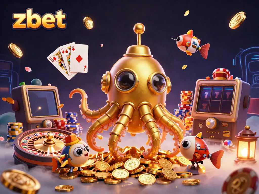 Experience ZBET's thrilling online gaming with a golden kraken submarine amid flying coins and jewels.