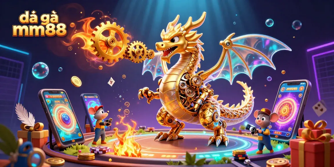 Engage in đá gà mm88 with 3D illustration featuring an intricate dragon and lively gaming elements.