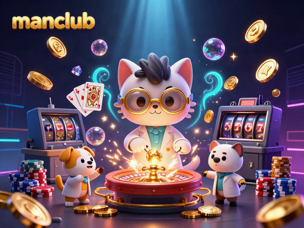 Spin to win at manclub with an energetic scene featuring a mad scientist cat and loyal dog surrounded by gold coins and roulette wheels.