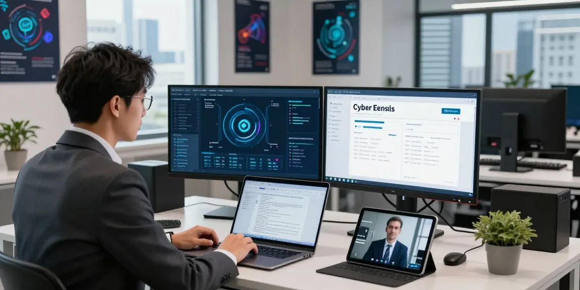 Cyber specialist reviewing analytics on how to get cyber essentials certified in a modern office.