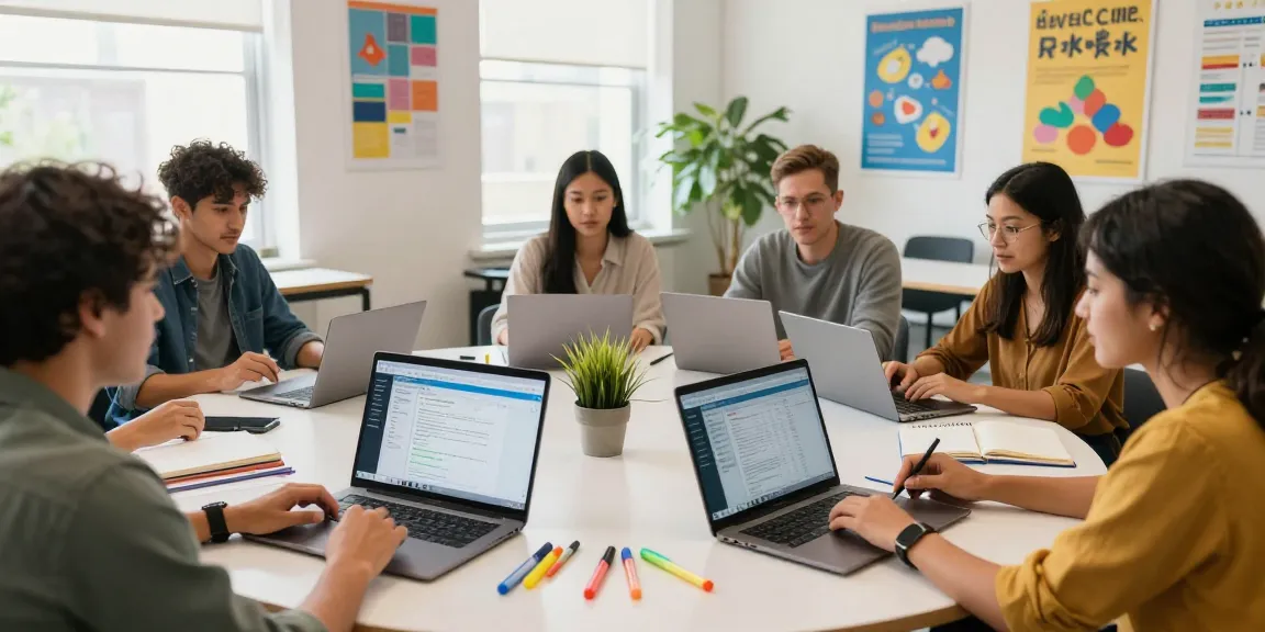 Teachers utilizing EMStudio online teacher planner for lesson planning, attendance tracking, and curriculum management in a collaborative workspace.