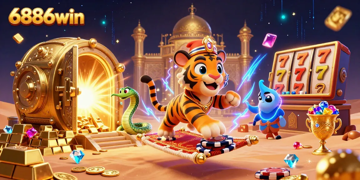 Spin to win with 6886win's magical slots featuring vibrant characters and glowing treasures.