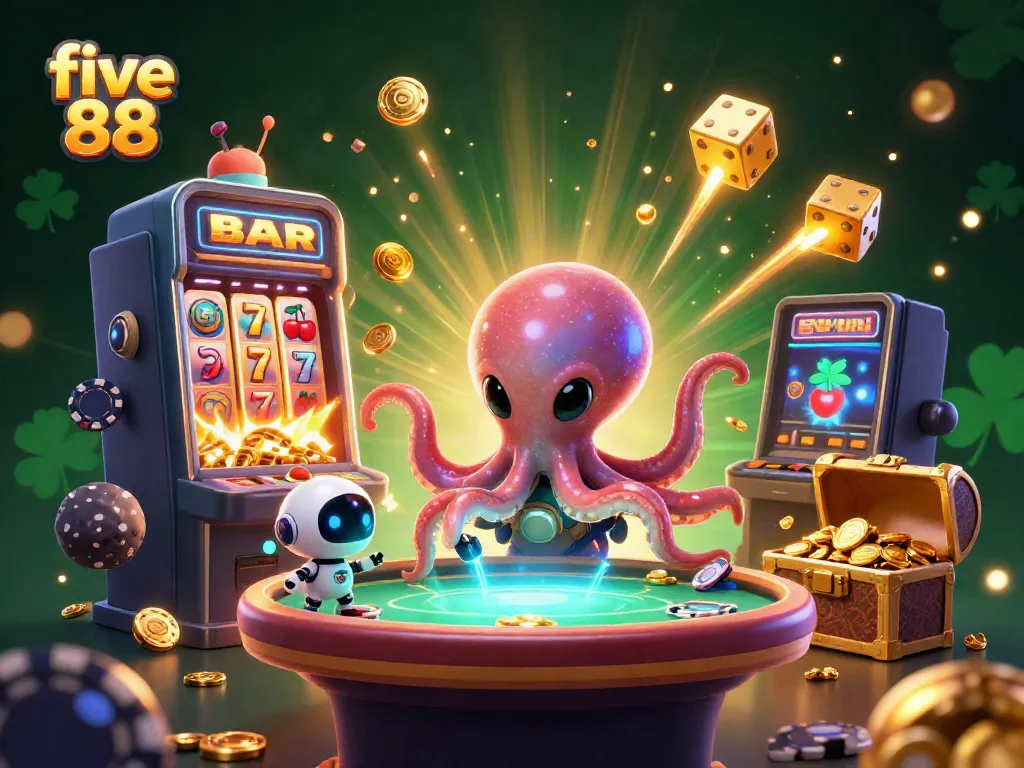 Engage with exciting casino adventures at five 88 with a vibrant scene featuring a whimsical alien octopus at a poker table.